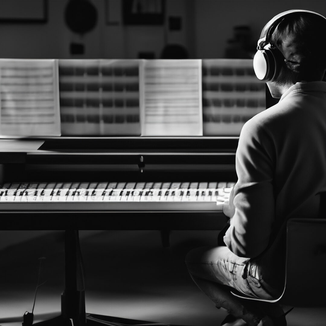 Columnality - Producer & Composer. Image of a music composer in front of his keyboard.